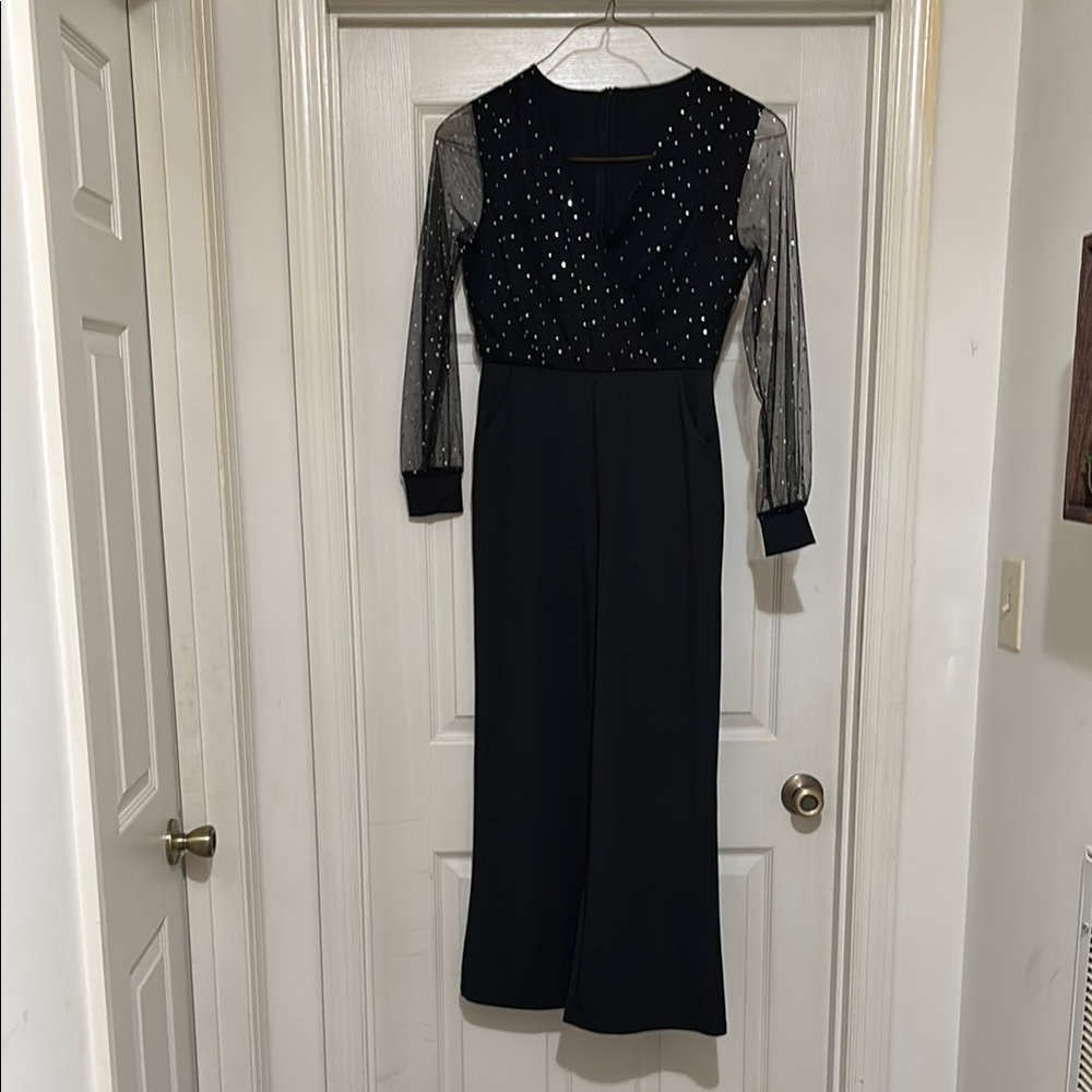 Black Jumpsuit with Sheer Silver Sequin embellished Sleeves
